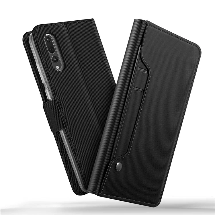 For Huawei P20 Pro Leather Wallet Stand Case with Card Holder and Makeup Mirror - Black