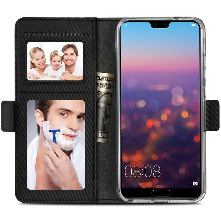 For Huawei P20 Pro Leather Wallet Stand Case with Card Holder and Makeup Mirror - Black