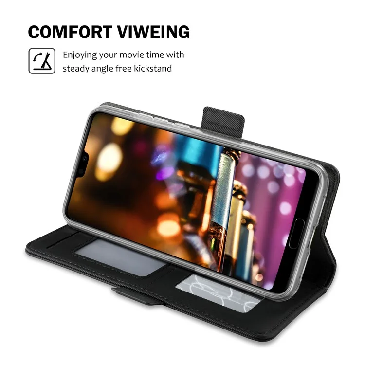 For Huawei P20 Pro Leather Wallet Stand Case with Card Holder and Makeup Mirror - Black