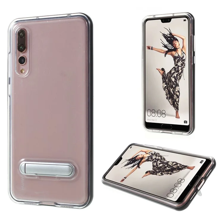 Hybrid Clear Back PC + TPU Kickstand Phone Case for Huawei P20 Pro - Black