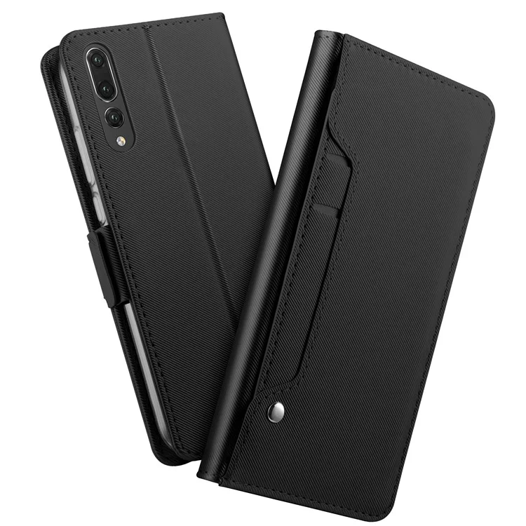 Leather Wallet Stand Case and Makeup Mirror for Huawei P20 - Black