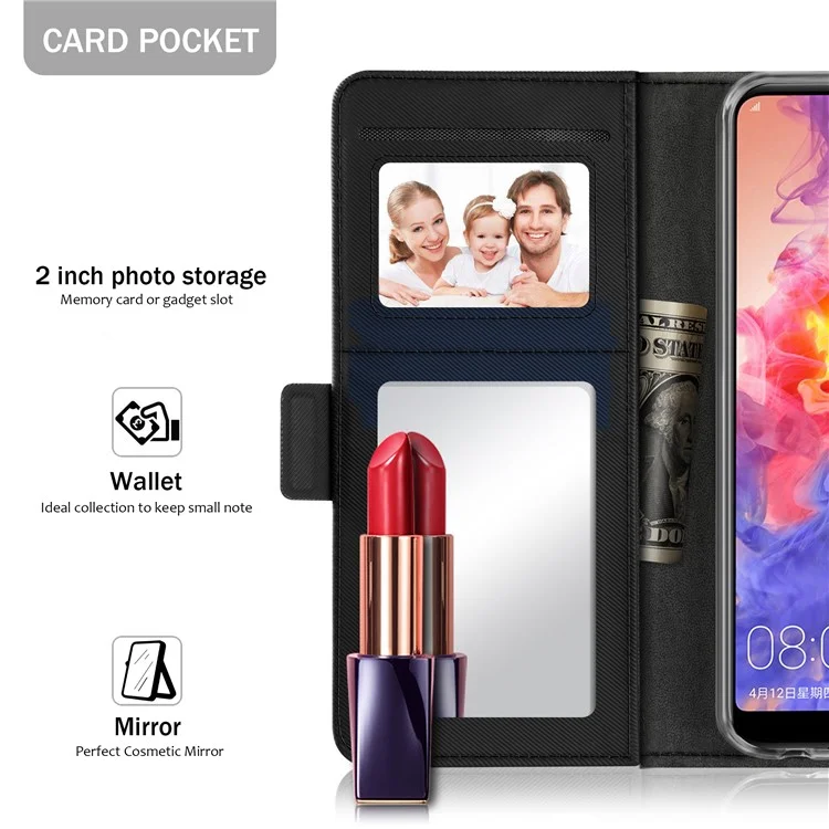 Leather Wallet Stand Case and Makeup Mirror for Huawei P20 - Black