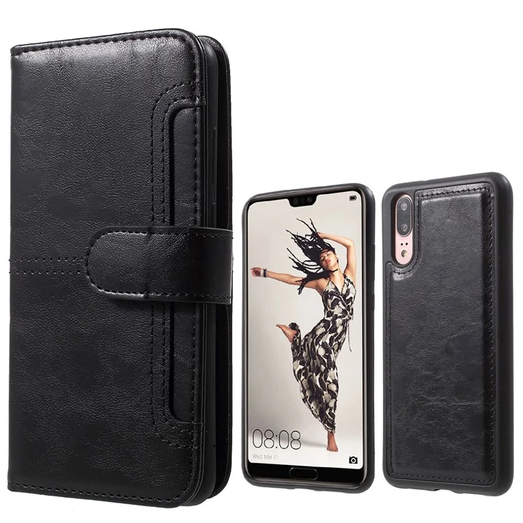 Premium Crazy Horse PU Leather Cover + Detachable Leather Coated TPU Phone Case for Huawei P20 - Black