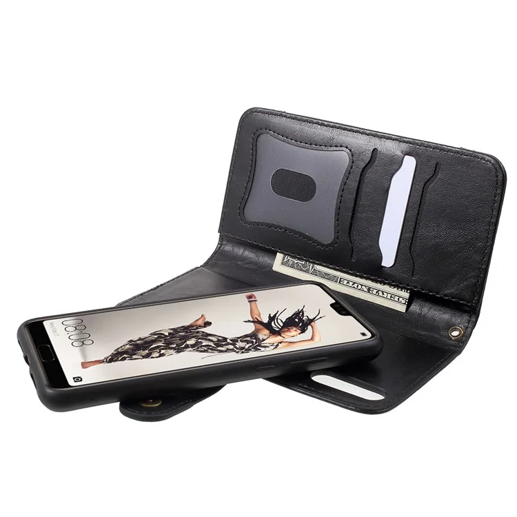 Premium Crazy Horse PU Leather Cover + Detachable Leather Coated TPU Phone Case for Huawei P20 - Black