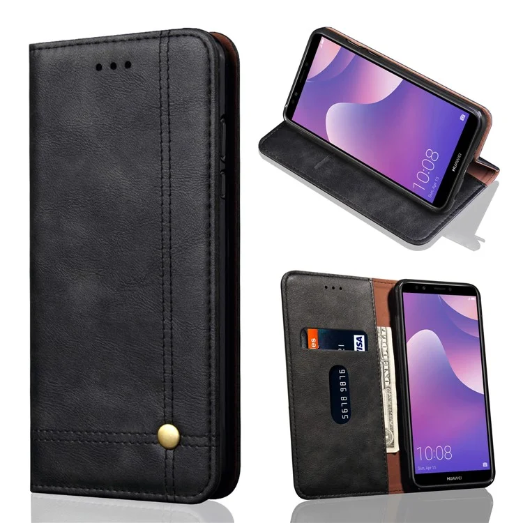 Auto-absorbed Crazy Horse Retro Leather Wallet Stand Case for Huawei Honor 7C / Enjoy 8 / Y7 Prime (2018) / nova 2 lite (Philippines) - Black