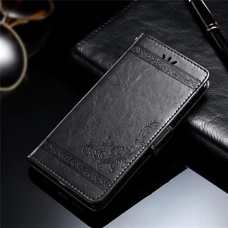 Imprinted Flower Oil Wax PU Leather Stand Wallet Mobile Phone Case for Samsung Galaxy J8 (2018) - Black
