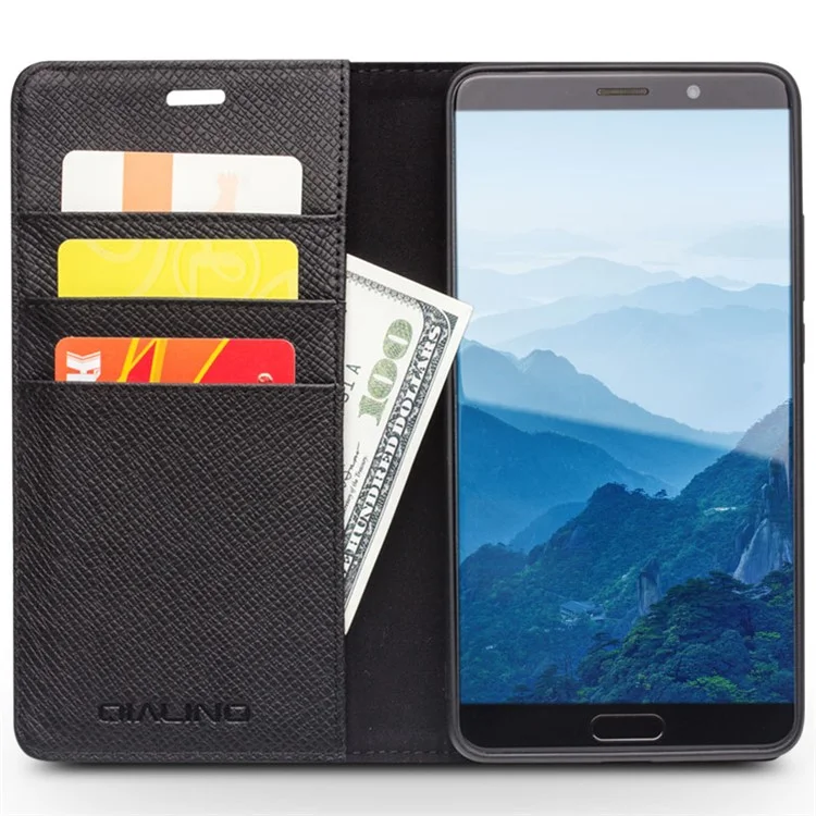 QIALINO Cross Texture Genuine Leather Wallet Cover + Detachable Leather Coated TPU Phone Case for Huawei Mate 10 Pro