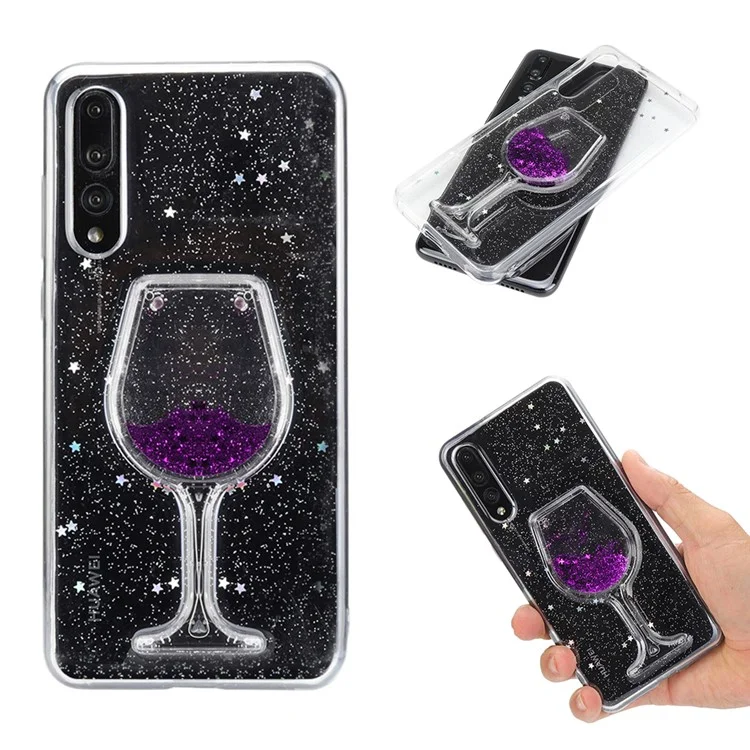 Glittery Powder Dynamic Wine Glass Quicksand Epoxy Hybrid Cell Phone Case for Huawei P20 Pro - Purple