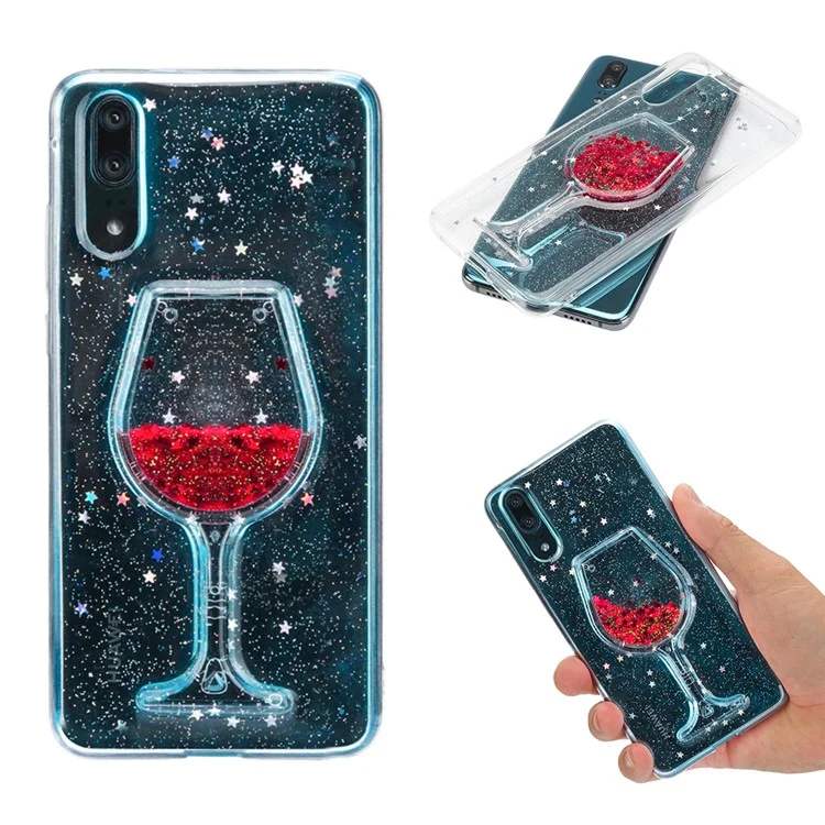 Glittery Powder Dynamic Wine Glass Quicksand Epoxy Hybrid Cell Phone Case for Huawei P20 - Red