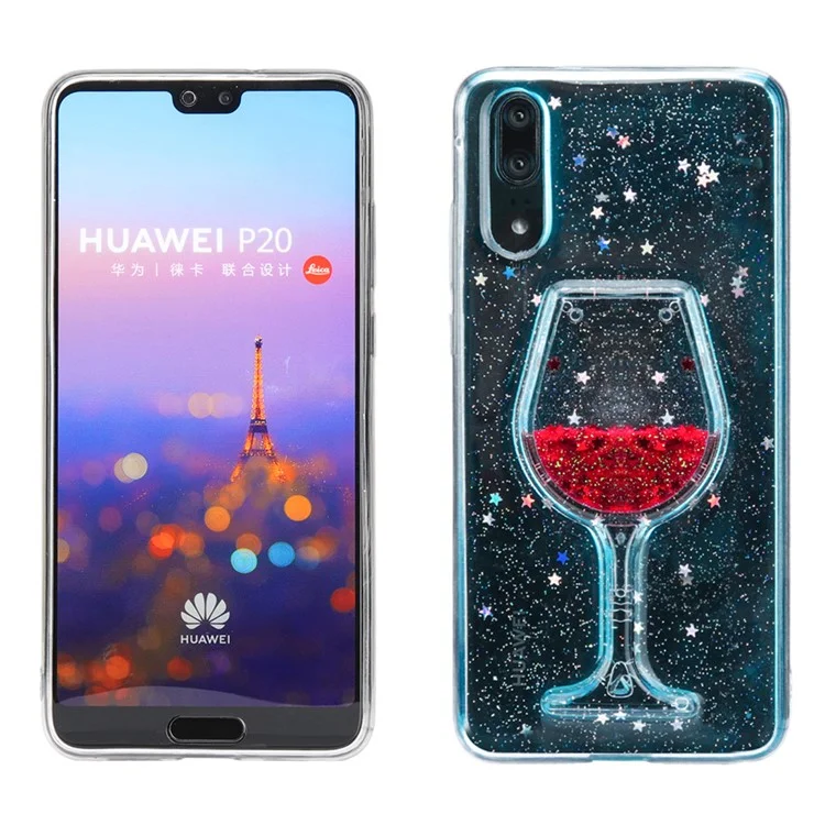 Glittery Powder Dynamic Wine Glass Quicksand Epoxy Hybrid Cell Phone Case for Huawei P20 - Red