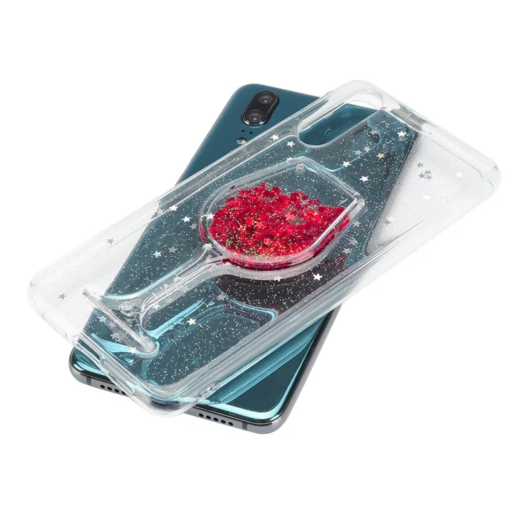 Glittery Powder Dynamic Wine Glass Quicksand Epoxy Hybrid Cell Phone Case for Huawei P20 - Red