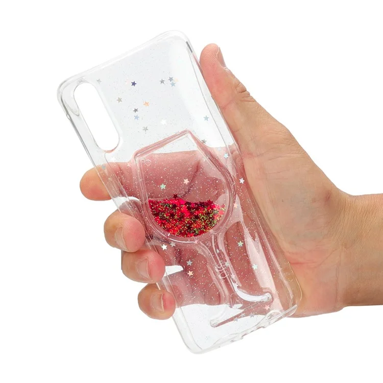 Glittery Powder Dynamic Wine Glass Quicksand Epoxy Hybrid Cell Phone Case for Huawei P20 - Red