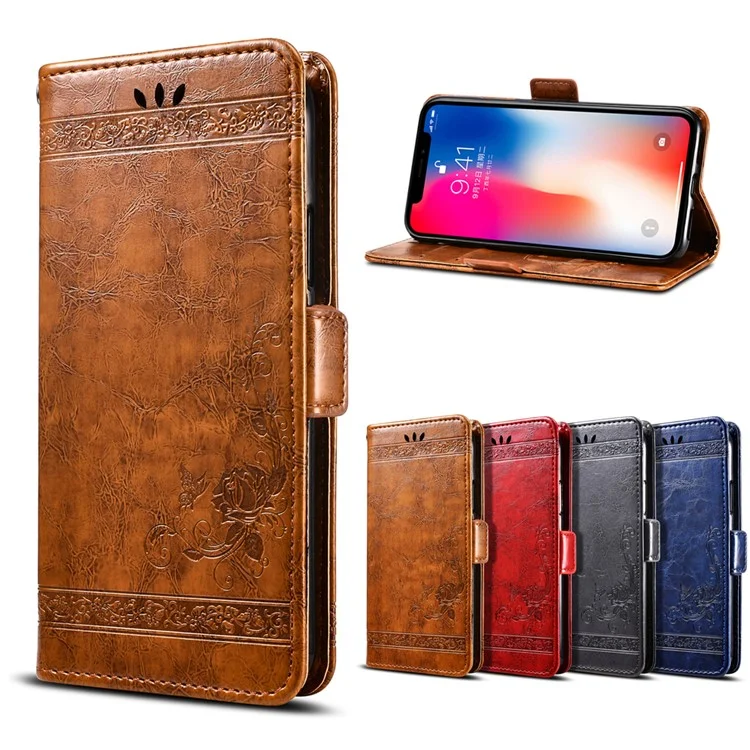 Imprinted Flower Oil Wax Stand Leather Magnetic Wallet Phone Casing for Huawei Honor Play - Brown