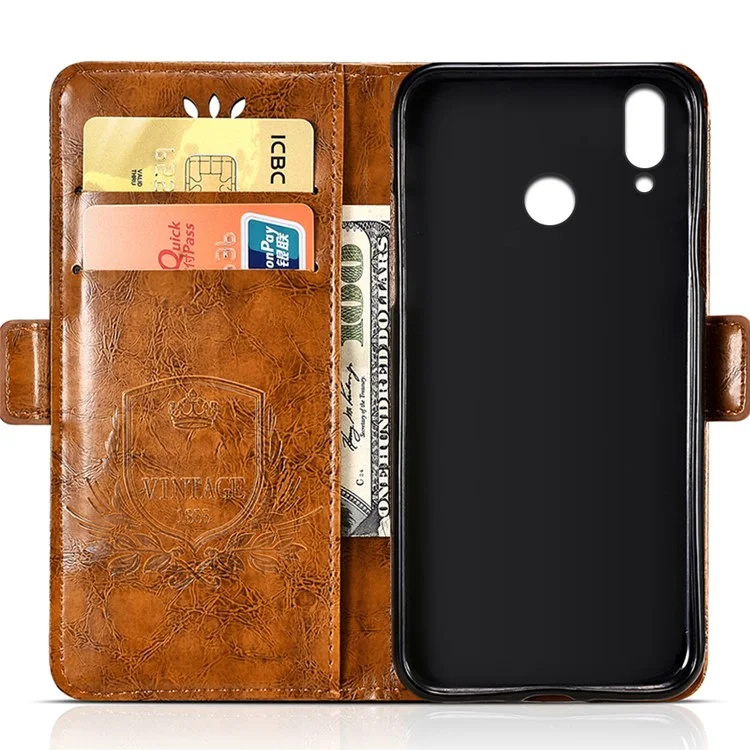Imprinted Flower Oil Wax Stand Leather Magnetic Wallet Phone Casing for Huawei Honor Play - Brown