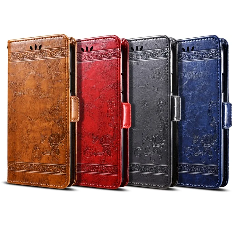 Imprinted Flower Oil Wax Stand Leather Magnetic Wallet Phone Casing for Huawei Honor Play - Brown