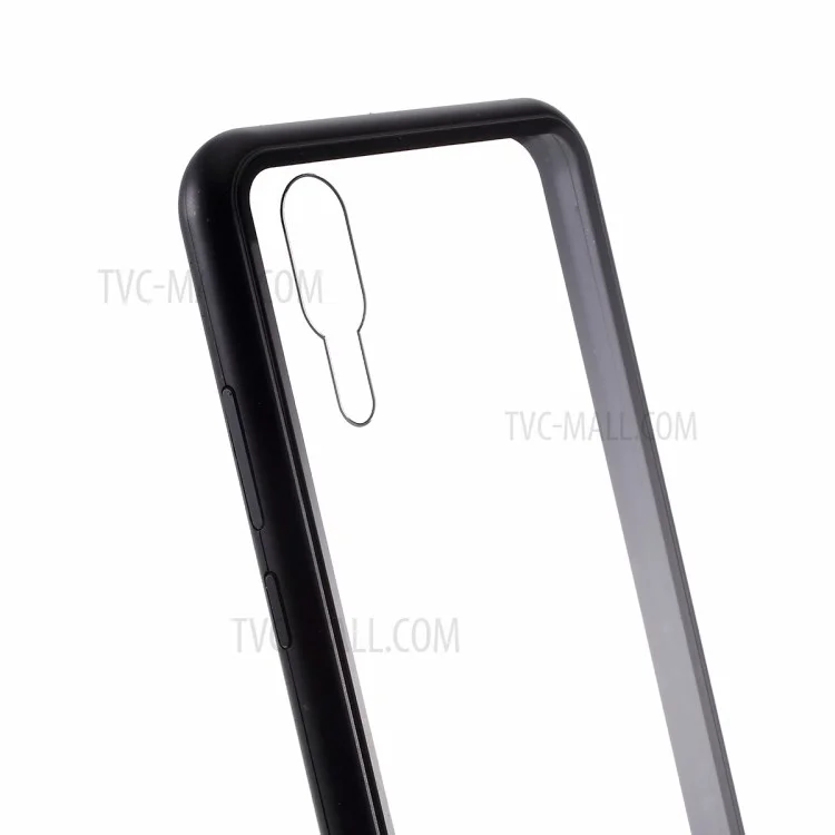 Detachable Magnetic Metal Frame + Tempered Glass Back Cell Phone Case for Huawei P20 - Black / Transparent Back