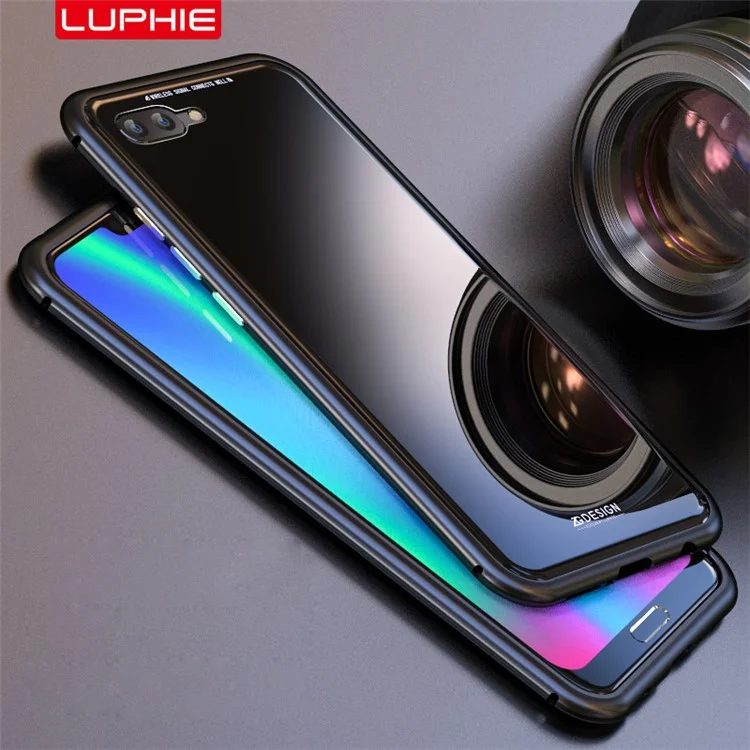LUPHIE Detachable Magnetic Metal Frame + Tempered Glass Back Cell Phone Case for Huawei Honor 10 - All Black