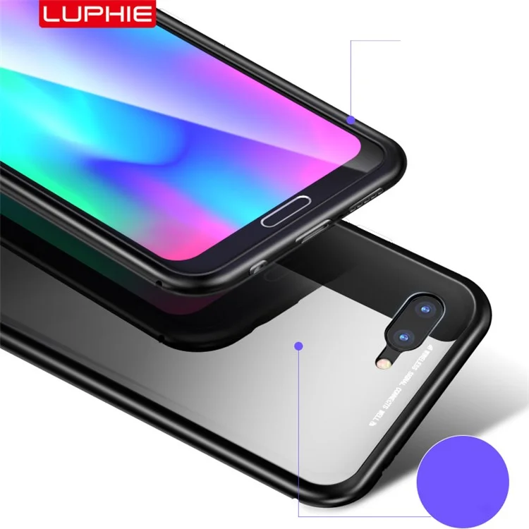 LUPHIE Detachable Magnetic Metal Frame + Tempered Glass Back Cell Phone Case for Huawei Honor 10 - All Black