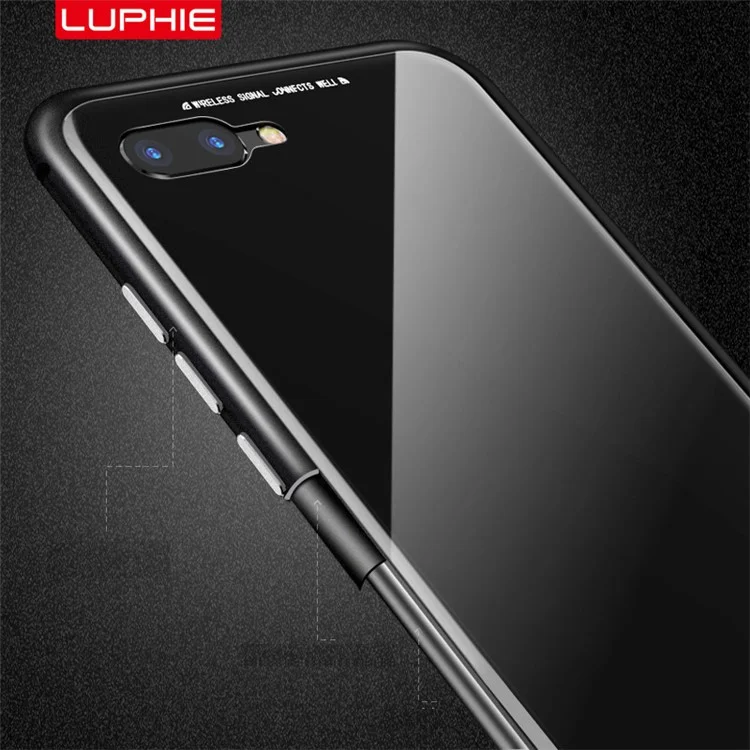 LUPHIE Detachable Magnetic Metal Frame + Tempered Glass Back Cell Phone Case for Huawei Honor 10 - All Black