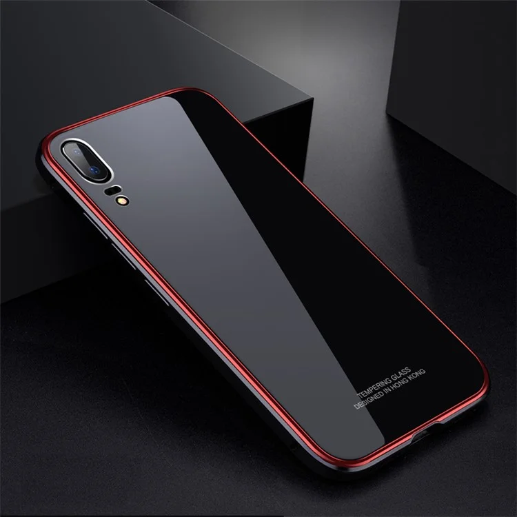 Electroplating PC + Metal Frame + Tempered Glass Back Hard Case for Huawei P20 - Black / Red