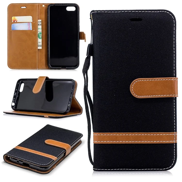 Two-tone Jean Cloth PU Leather Wallet Phone Casing with Stand for Huawei Y5 Prime (2018)/Y5 (2018) - Black