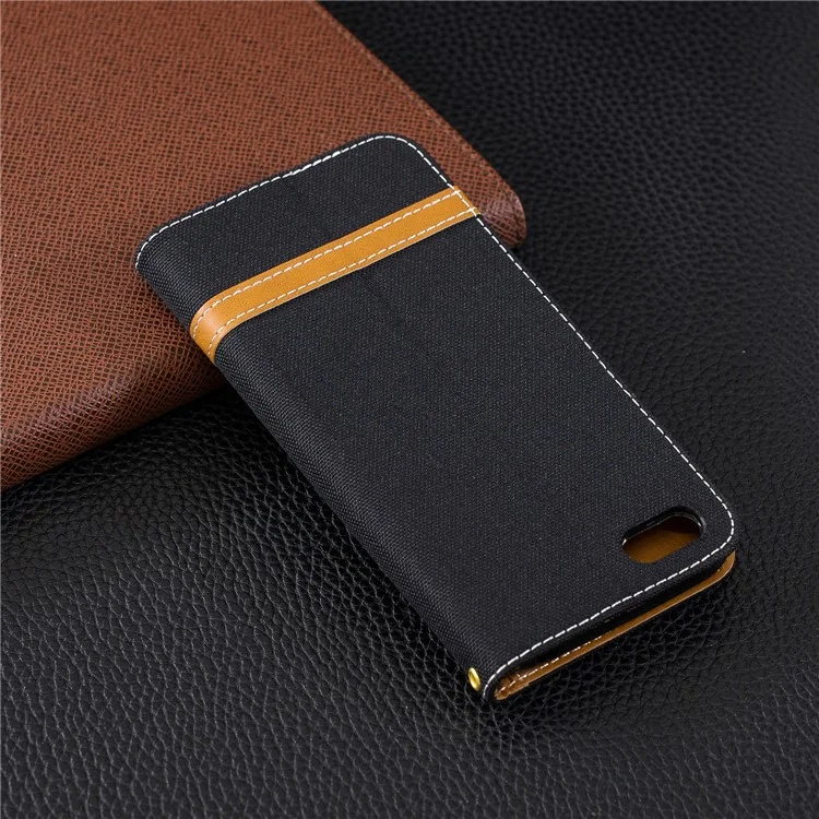 Two-tone Jean Cloth PU Leather Wallet Phone Casing with Stand for Huawei Y5 Prime (2018)/Y5 (2018) - Black