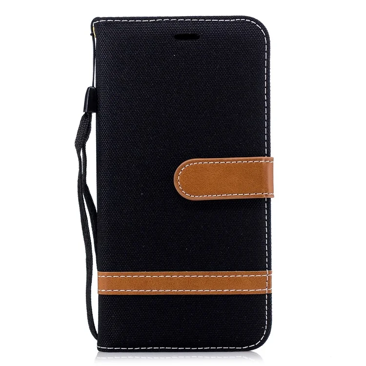Two-tone Jean Cloth PU Leather Wallet Phone Casing with Stand for Huawei Y5 Prime (2018)/Y5 (2018) - Black