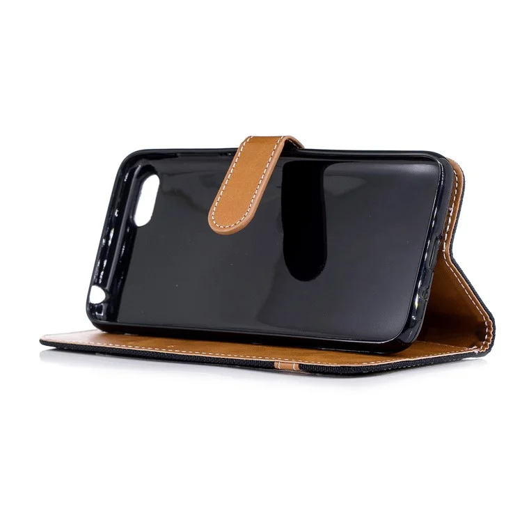 Two-tone Jean Cloth PU Leather Wallet Phone Casing with Stand for Huawei Y5 Prime (2018)/Y5 (2018) - Black