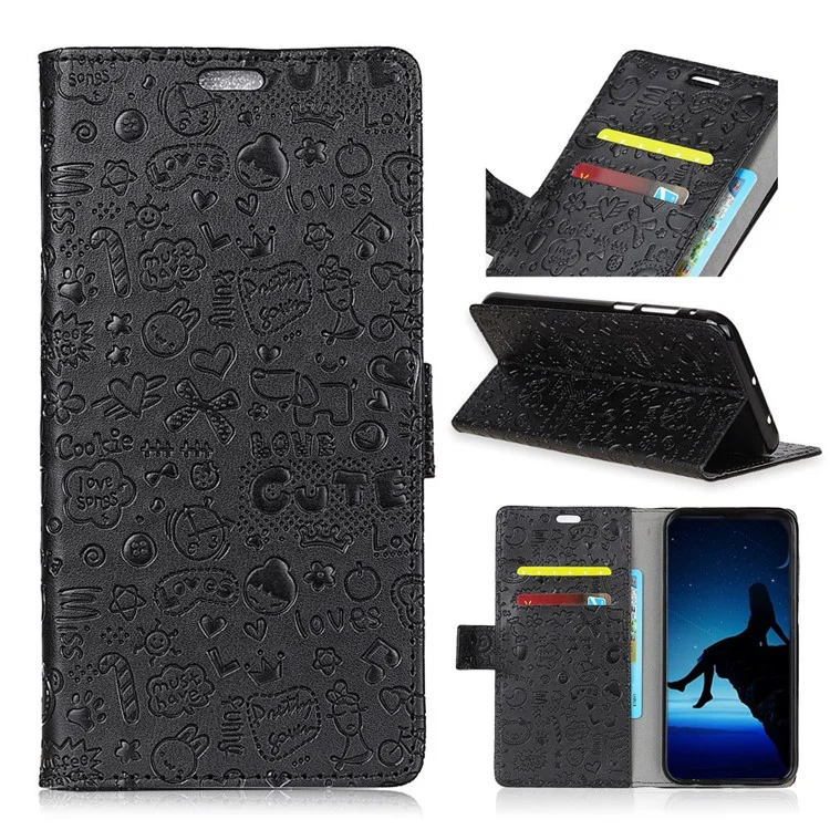 Cartoon Graffiti Leather Wallet Mobile Phone Case for Huawei Honor 8X - Black
