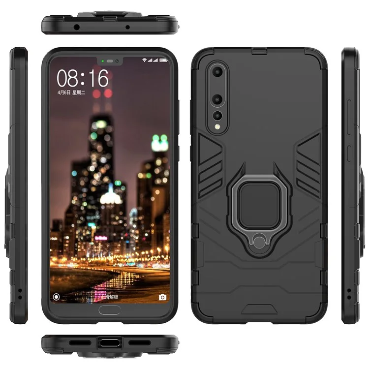 Finger Ring Kickstand PC + TPU Hybrid Mobile Phone Case for Huawei P20 Pro - Black