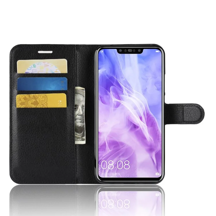 Litchi Skin Wallet Leather Stand Caso Para Huawei Nova 3 - Preto