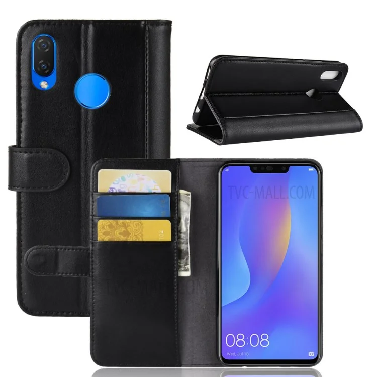 Caixa de Telefone de Carteira de Couro Dividida Genuína Para Huawei Nova 3i / P Smart+ - Preto