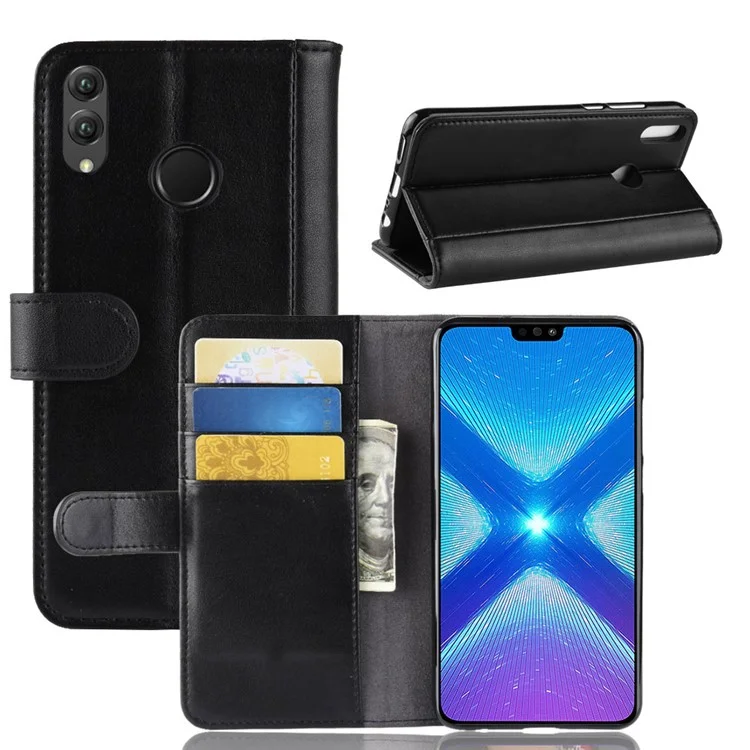 Genuine Split Leather Card Holder Stand Phone Cover for Huawei Honor 8X - Black