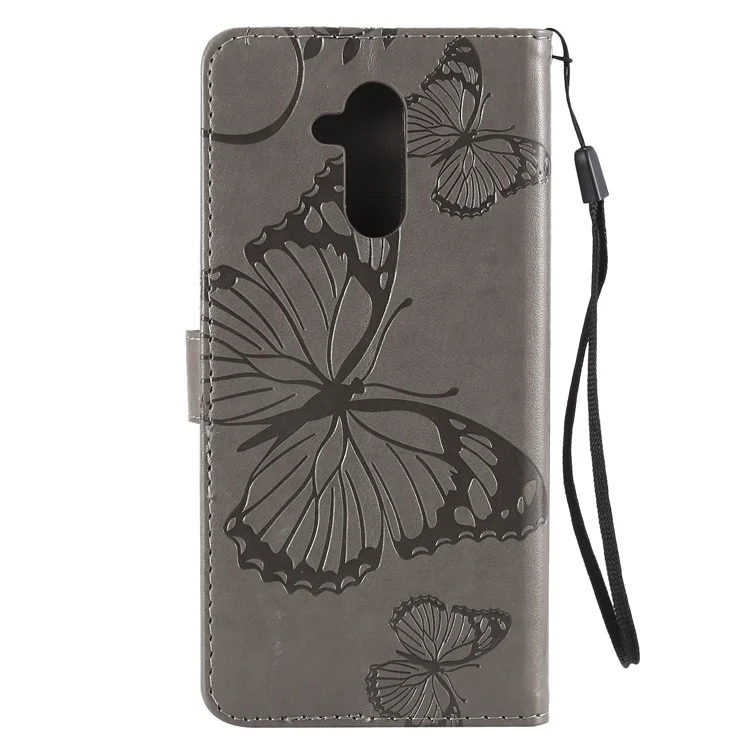 KT Imprinting Flower Series-2 Imprint Butterfly Flower Leather Wallet Magnetic Stand Cover for Huawei Mate 20 Lite - Grey