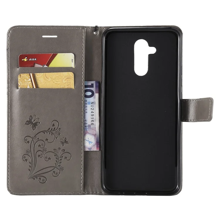 KT Imprinting Flower Series-2 Imprint Butterfly Flower Leather Wallet Magnetic Stand Cover for Huawei Mate 20 Lite - Grey