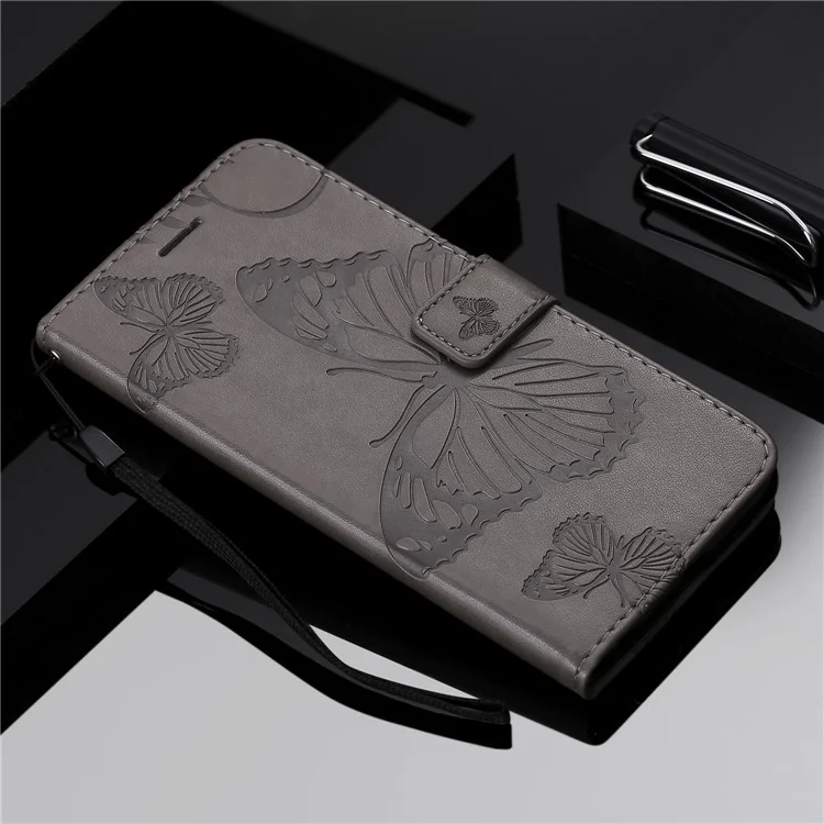 KT Imprinting Flower Series-2 Imprint Butterfly Flower Leather Wallet Magnetic Stand Cover for Huawei Mate 20 Lite - Grey