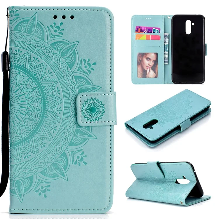 Imprint Totem Pattern Wallet Stand Leather Flip Cover for Huawei Mate 20 Lite - Cyan