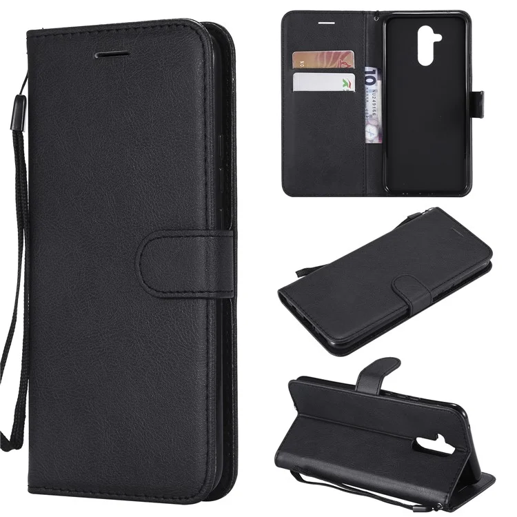 For Huawei Mate 20 Lite / Maimang 7 with Strap Case Solid Color Leather Mobile Cover Wallet Stand with Strap - Black