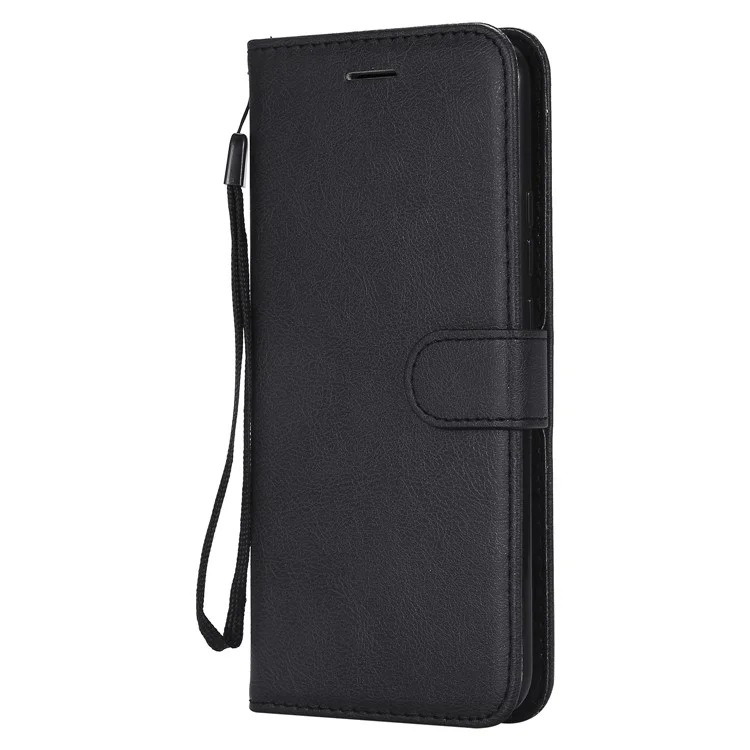 For Huawei Mate 20 Lite / Maimang 7 with Strap Case Solid Color Leather Mobile Cover Wallet Stand with Strap - Black