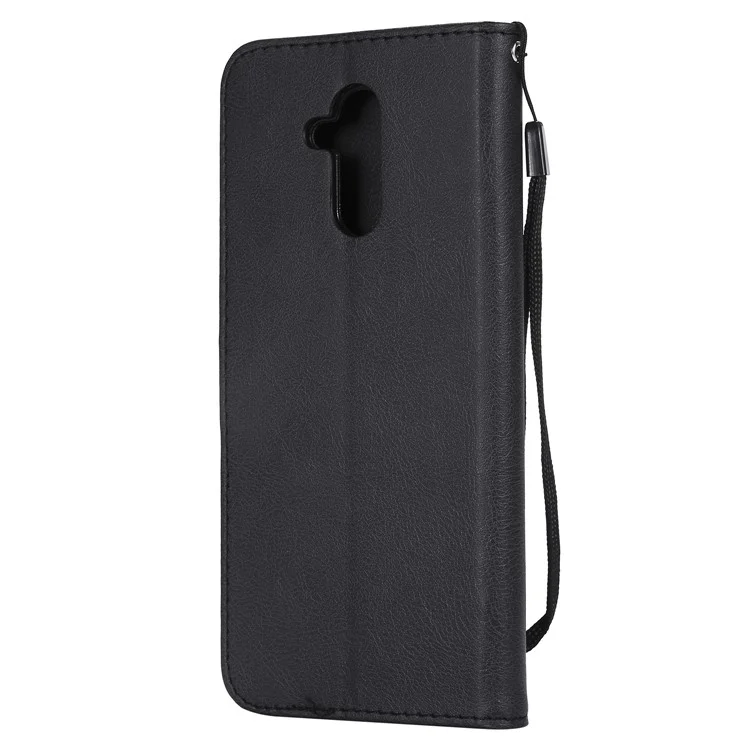 For Huawei Mate 20 Lite / Maimang 7 with Strap Case Solid Color Leather Mobile Cover Wallet Stand with Strap - Black