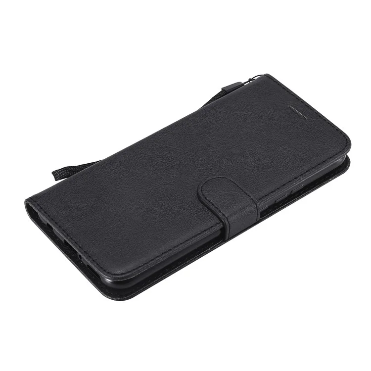 For Huawei Mate 20 Lite / Maimang 7 with Strap Case Solid Color Leather Mobile Cover Wallet Stand with Strap - Black