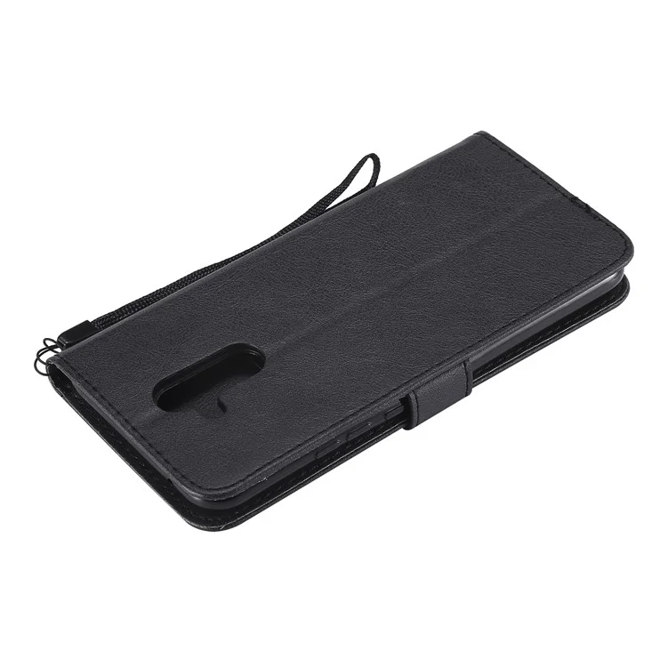 For Huawei Mate 20 Lite / Maimang 7 with Strap Case Solid Color Leather Mobile Cover Wallet Stand with Strap - Black