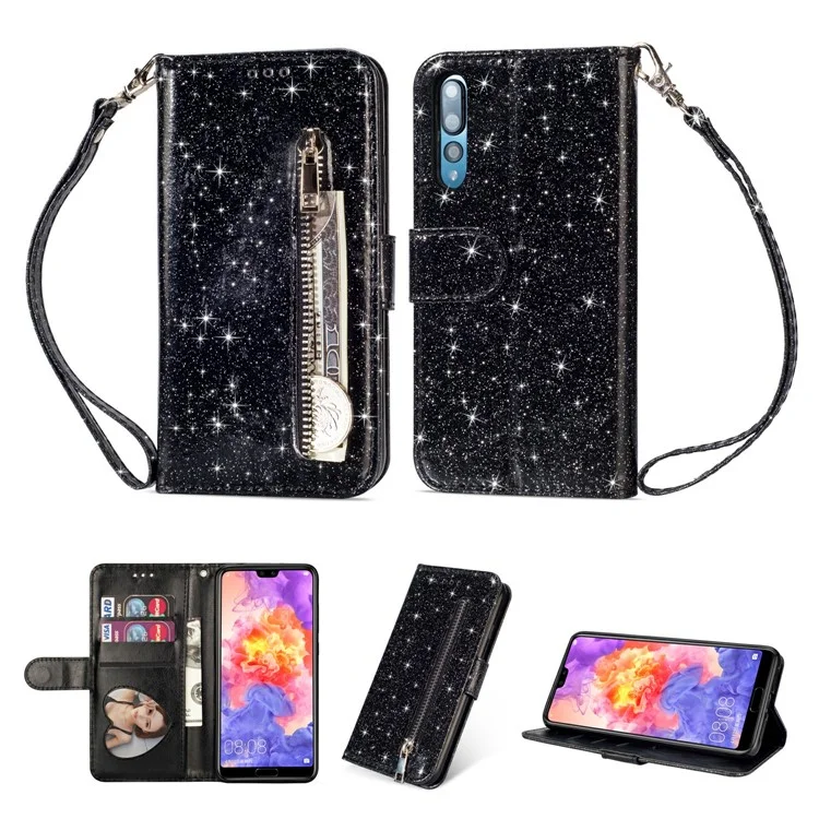 Flash Powder Zippered Stand Leather Wallet Case with Strap for Huawei P20 Pro - Black