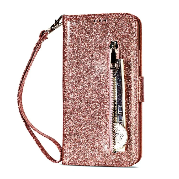 Flash Powder Zippered Stand Leather Wallet Casing with Strap for Huawei P20 Pro - Rose Gold