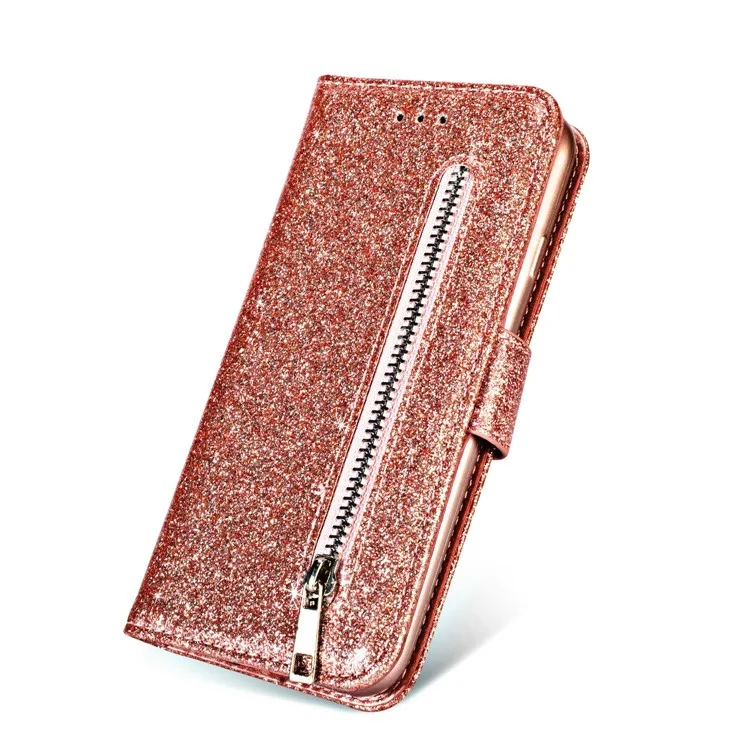 Flash Powder Zippered Stand Leather Wallet Casing with Strap for Huawei P20 Pro - Rose Gold