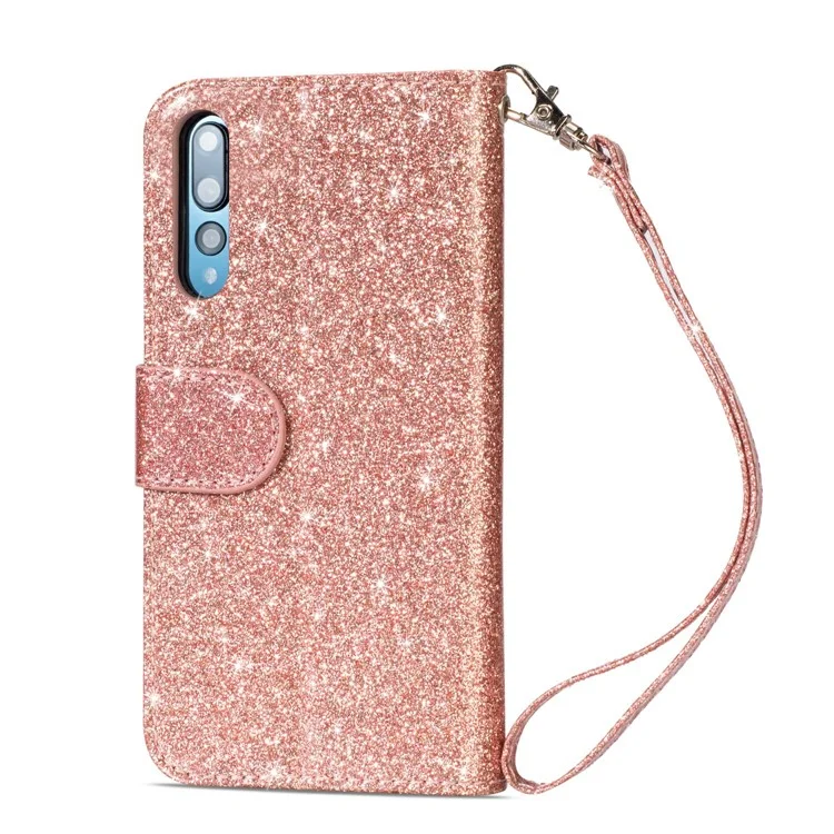 Flash Powder Zippered Stand Leather Wallet Casing with Strap for Huawei P20 Pro - Rose Gold