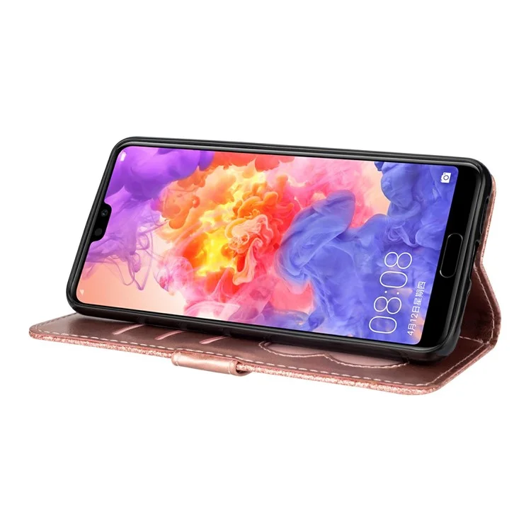 Flash Powder Zippered Stand Leather Wallet Casing with Strap for Huawei P20 Pro - Rose Gold