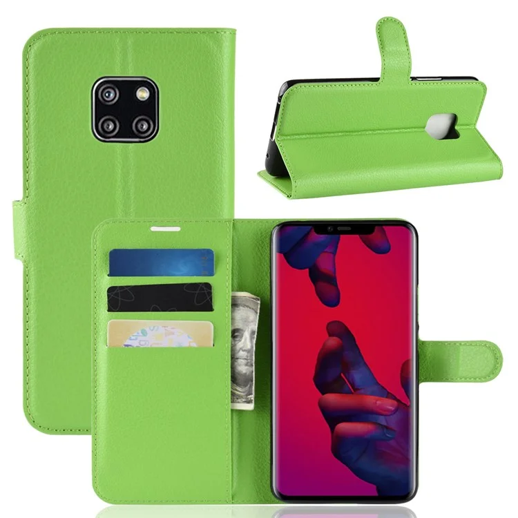 Litchi Texture Wallet Stand Leather Mobile Casing for Huawei Mate 20 Pro - Green