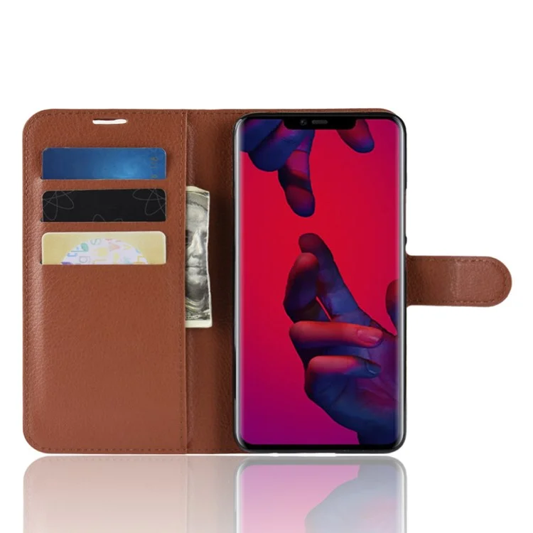 Litchi Texture Wallet Leather Cover Protector for Huawei Mate 20 Pro - Brown