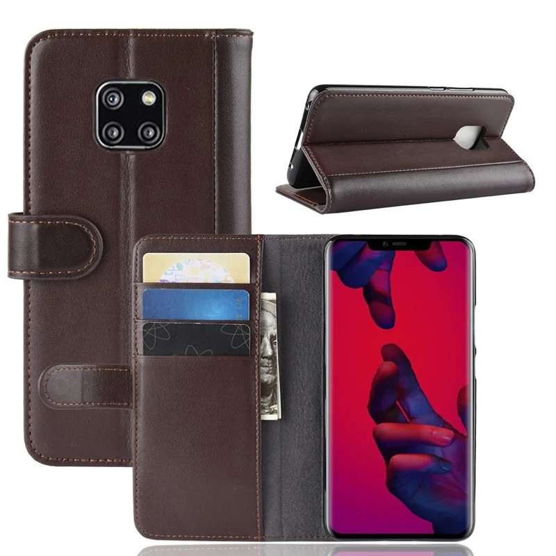 For Huawei Mate 20 Pro Phone Cases Genuine Split Leather Wallet Mobile Cover Stand - Brown